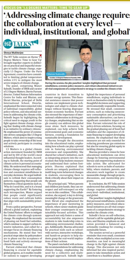 Hindustan Times of HT Talks about 1.5 Degree Matters in Dec 23 2024- School Edition in Delhi NCR