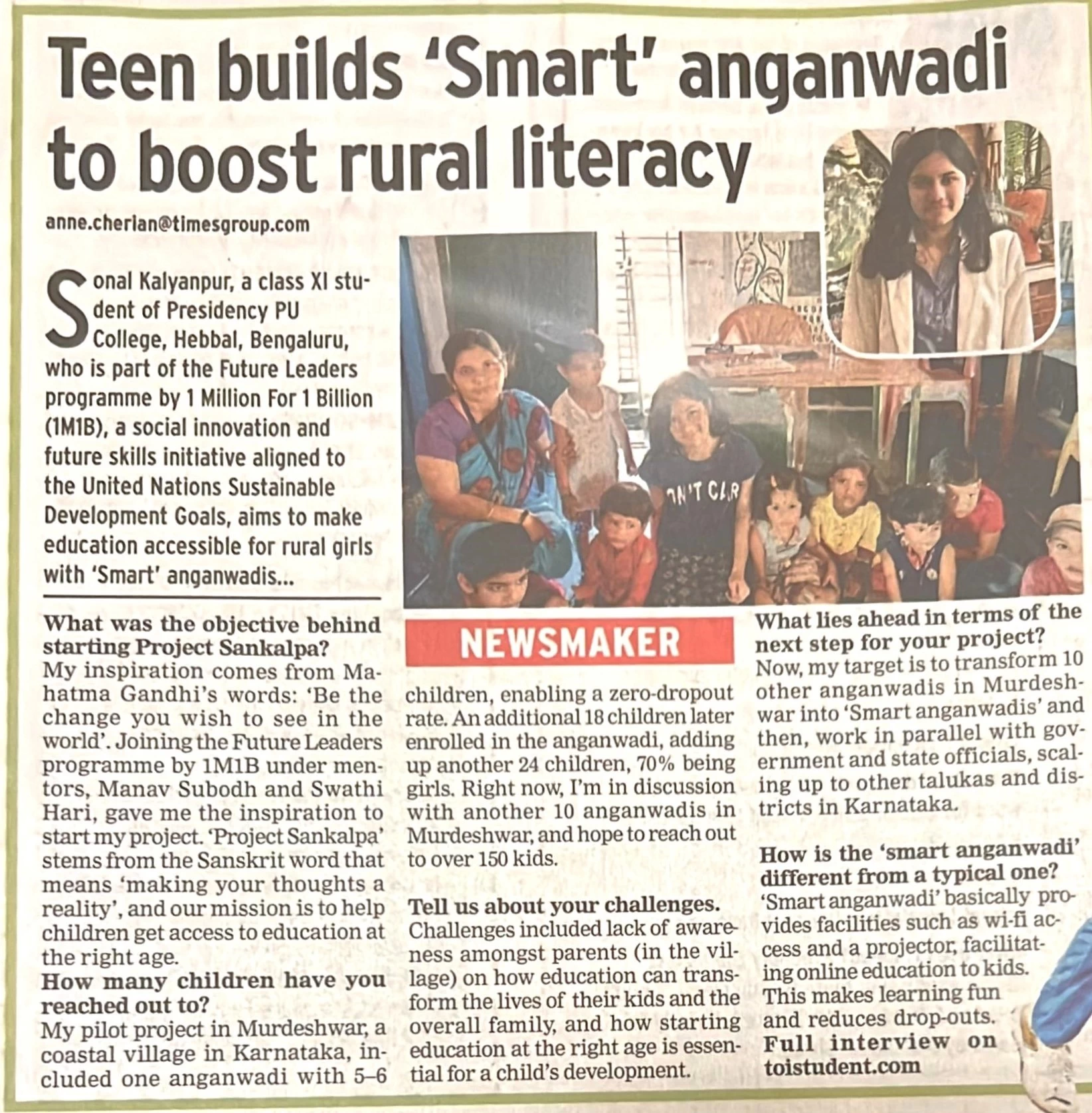 Future Leader Sonal in The Times of India- NIE- All editions- Nov 6 2023.