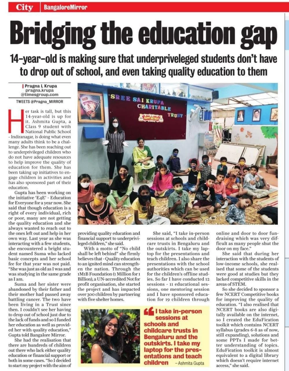 Project Pragati in Bangalore Mirror- Feb 14 2022