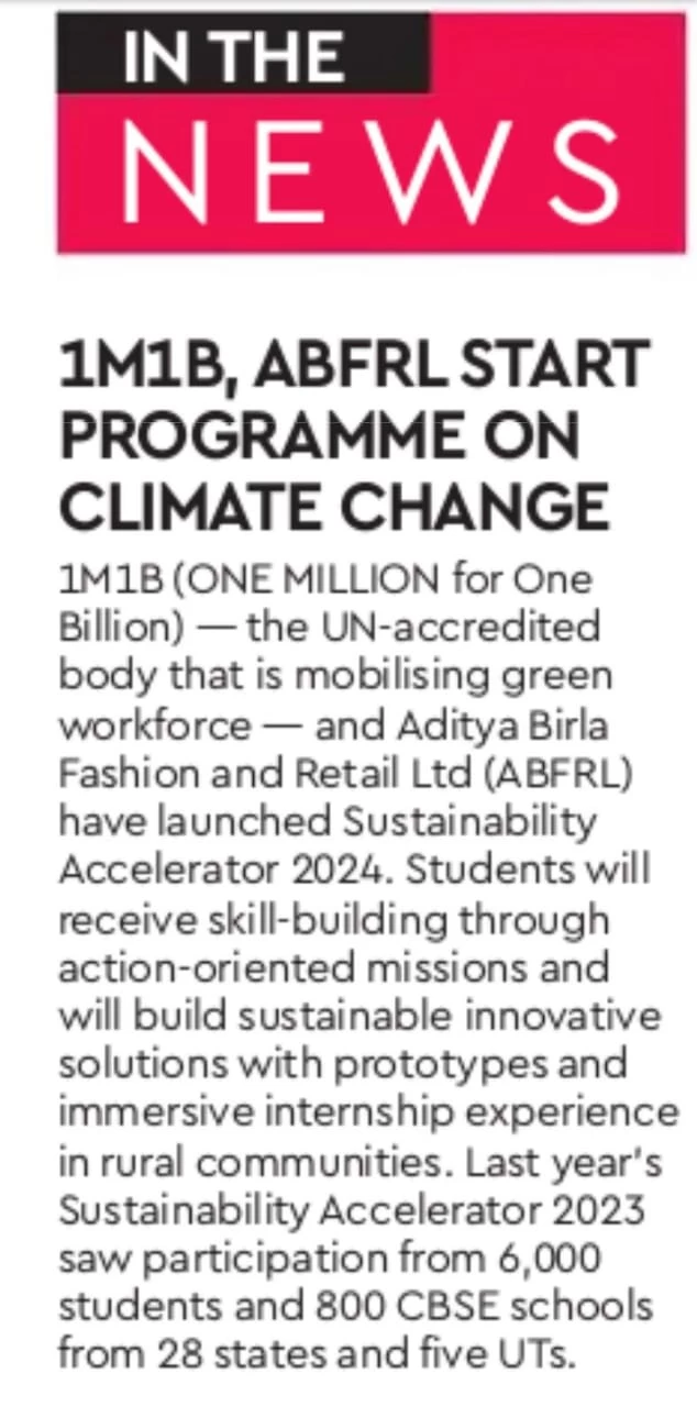 Coverage of 1M1B and ABFRL - Sustainability Accelerator program 2024 in Financial Express Newspaper - All editions March 4 2024