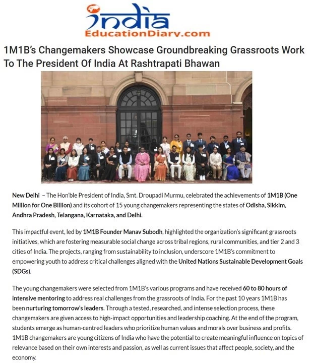 Coverage of 1M1B at Rashtrapati Bhavan in India Education Dairy- Dec 27 2024