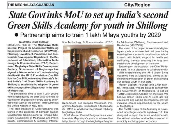 Coverage of 1M1B Green Skills Academy in Meghalaya in Meghalaya Guardian  Newspaper-P3 Feb 29 2024