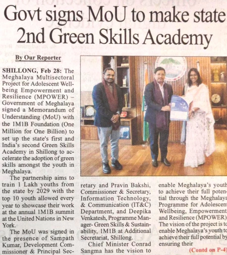 Coverage of 1M1B Green Skills Academy in Meghalaya in Shillong Times Newspaper-P3 Feb 29 2024