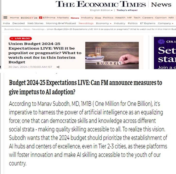 Coverage of 1M1B in Pre Budget Expectations Live Blog in The Economic Times  - Jan 30 2024
