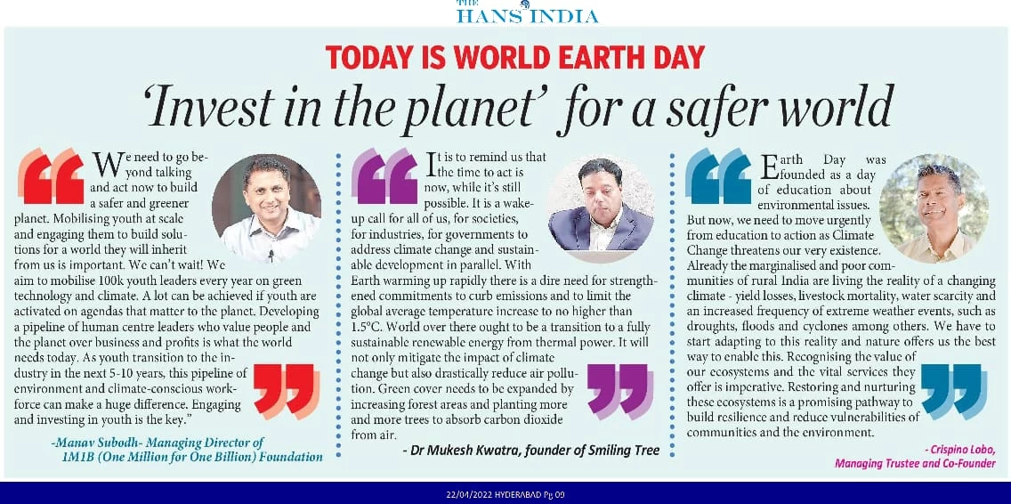 Coverage of 1M1B in The Hans India newspaper - 220422