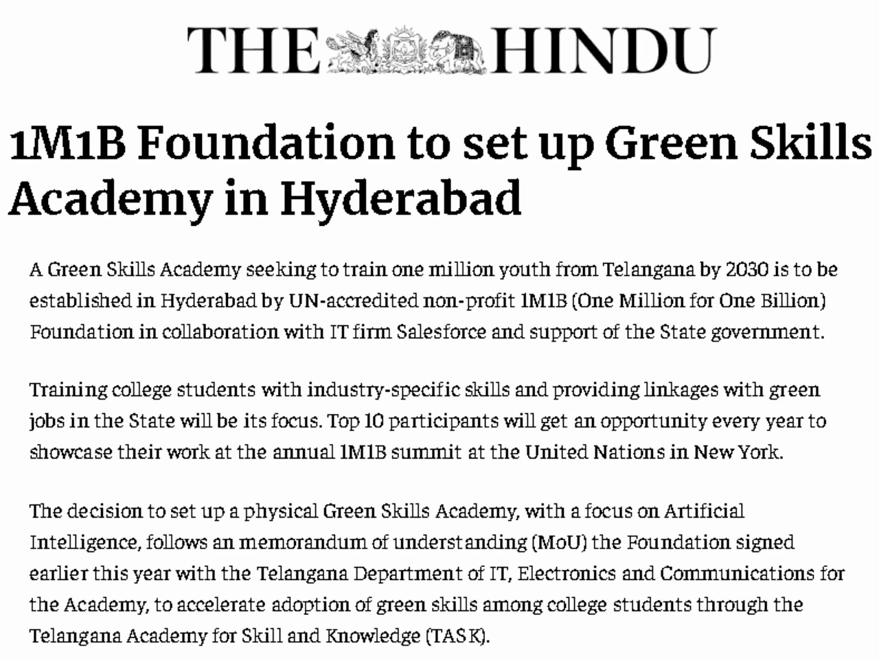 Coverage of 1M1B in The Hindu - June 17 2024