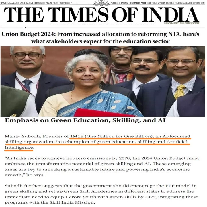 Coverage of 1M1B in The Times of India ( Pre- Budget Expecations article) - July 12 2024