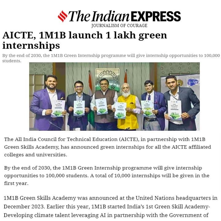 Coverage of Green Internships Program in indian Express- Oct 18, 2024
