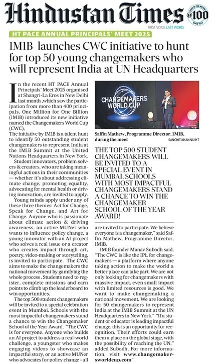 Media Coverage of 1M1B CWC in Hindustan Times- School edition- Delhi NCR - April 7 2025