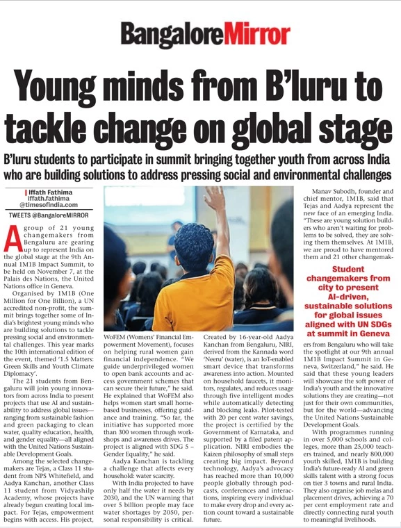 1M1B Impact Summit in Bangalore Mirror newspaper - Oct 29 2025