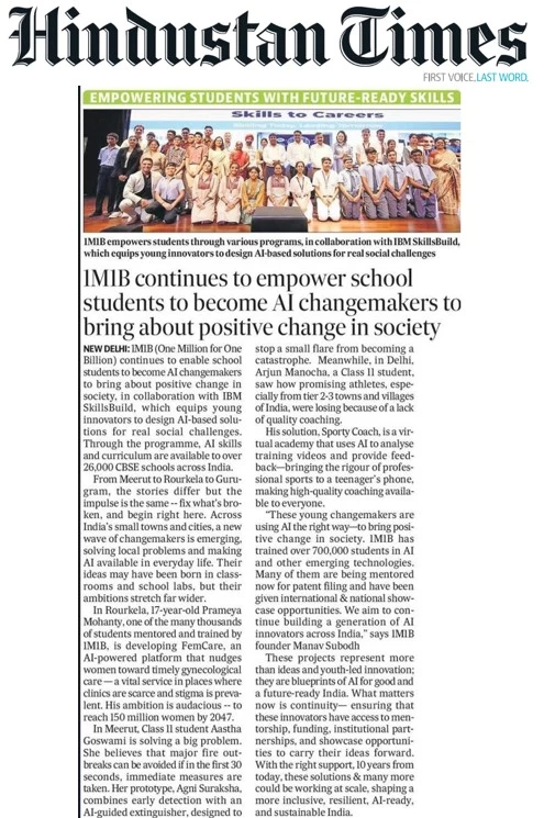 Media coverage of 1M1B in Hindustan Times- School edition - Sept 22 2025..