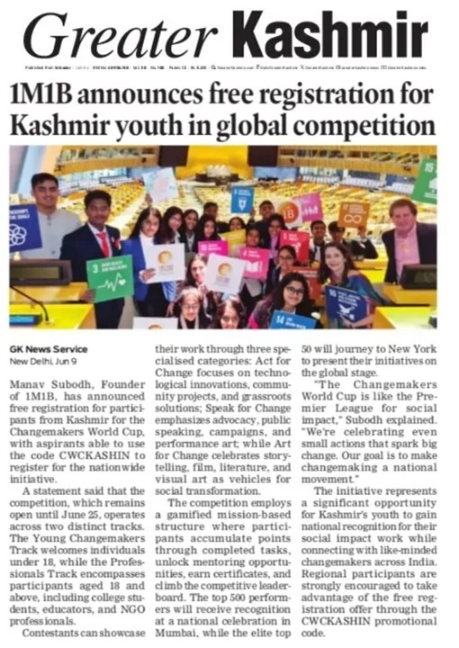 Nedia coverage of 1M1B CWC in Greater Kashmir Newspaper- June 10 2025