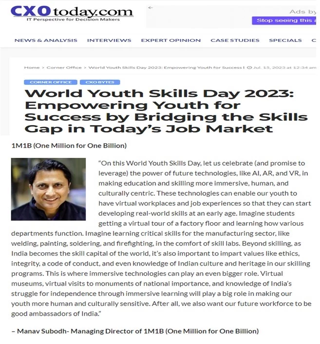 World Youth Skills Day- Coverage of 1M1B in CXO Today, July 15 2023